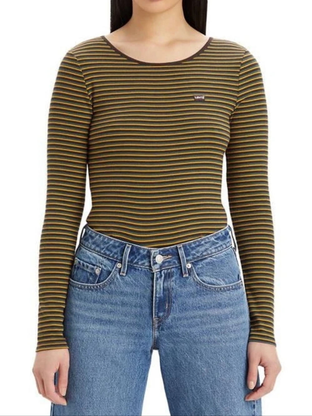Levi's Long Sleeve Top - Dark Brown with Blue and Yeloow Stripes Size S